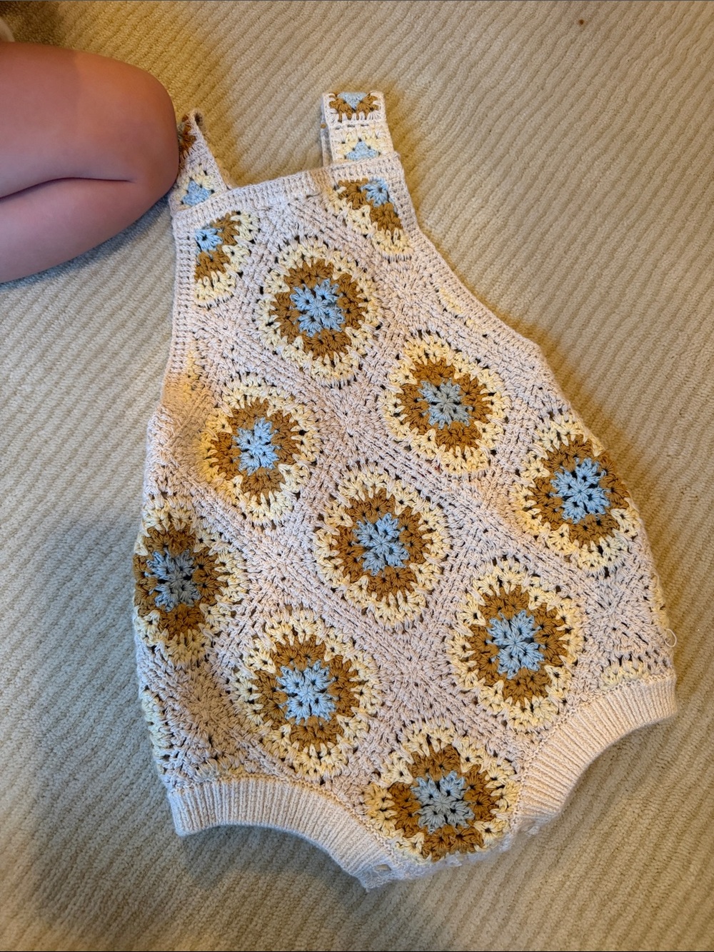 Zara Crochet Baby Romper in Cream, Blue & Brown